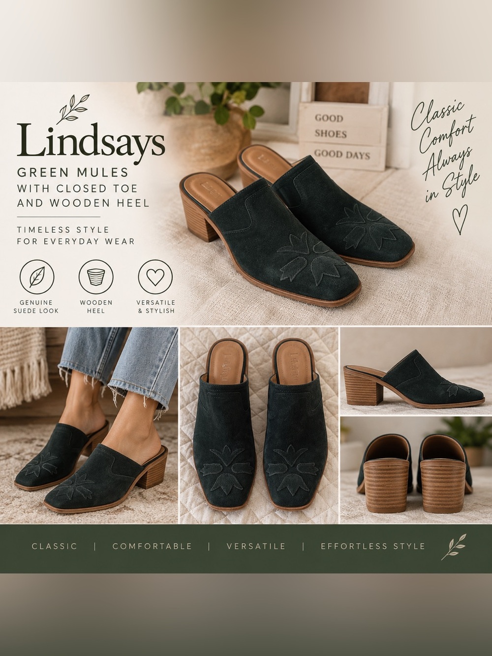 Green Mules with Closed Toe and Wooden Heel
